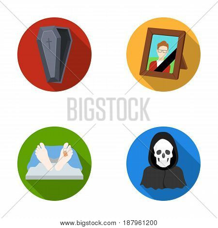 Coffin with a lid and a cross, a photograph of the deceased with a mourning ribbon, a corpse on the table with a tag in the morgue, death in a hood. Funeral ceremony set collection icons in flat style vector symbol stock illustration .