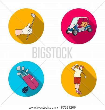A gloved hand with a stick, a golf cart, a trolley bag with sticks in a bag, a man hammering with a stick. Golf Club set collection icons in flat style vector symbol stock illustration .