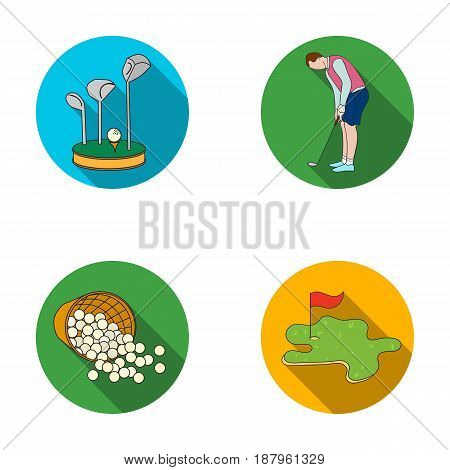 Stand for a golf club, muzhchin playing with a club, basket with balls, label with a flag on the golf course. Golf Club set collection icons in flat style vector symbol stock illustration .