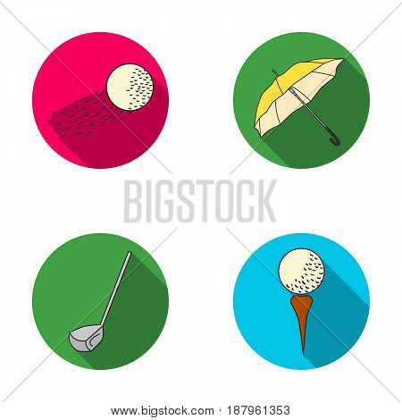 A flying ball, a yellow umbrella, a golf club, a ball on a stand. Golf Club set collection icons in flat style vector symbol stock illustration .