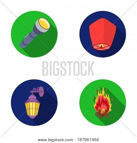 A flashlight, an air lantern, a lantern on the wall, a bonfire.Light source set collection icons in flat style vector symbol stock illustration .