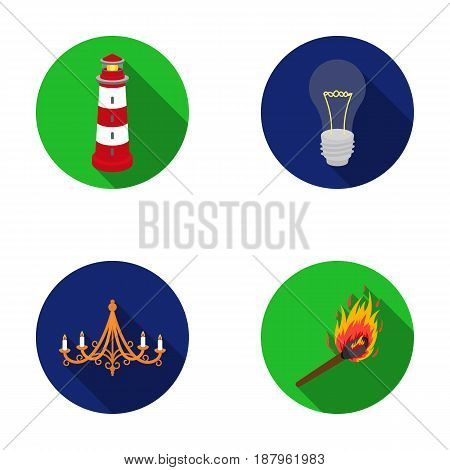 A lighthouse, an incandescent lamp, a chandelier with candles, a burning match.Light source set collection icons in flat style vector symbol stock illustration .