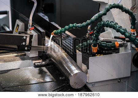 Metalworking equipment, bandsaw machine, closeup metal processing