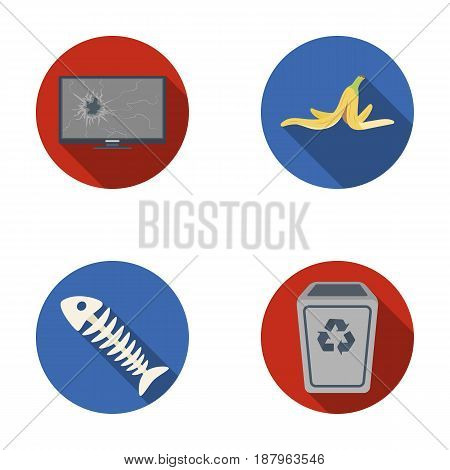Broken TV monitor, banana peel, fish skeleton, garbage bin. Garbage and trash set collection icons in flat style vector symbol stock illustration .