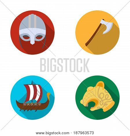 Viking helmet, battle ax, rook on oars with shields, dragon, treasure. Vikings set collection icons in flat style vector symbol stock illustration .
