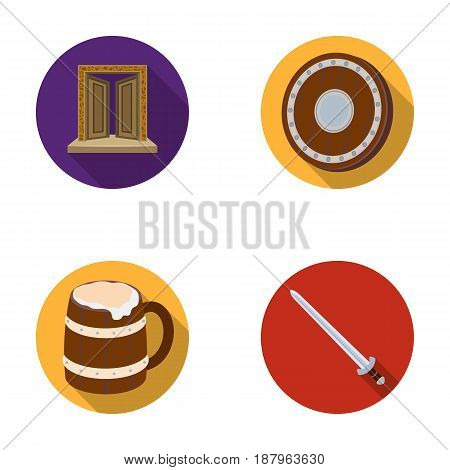 A gate to the treasure, a shield for protection, a mug with a bra, a sword. Vikings set collection icons in flat style vector symbol stock illustration .