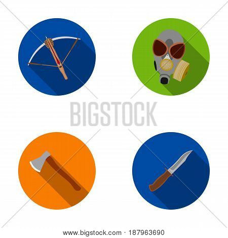 Crossbow, gas mask, ax, combat knife. Weapons set collection icons in flat style vector symbol stock illustration .