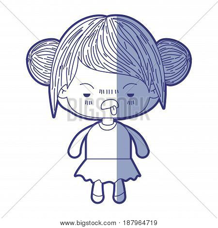 blue shading silhouette of kawaii little girl with collected hair and facial expression unsavory vector illustration