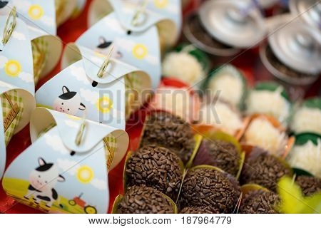 SÃO PAULO, BRAZIL, 2017: Traditional brazillian Brigadeiro for a boy party