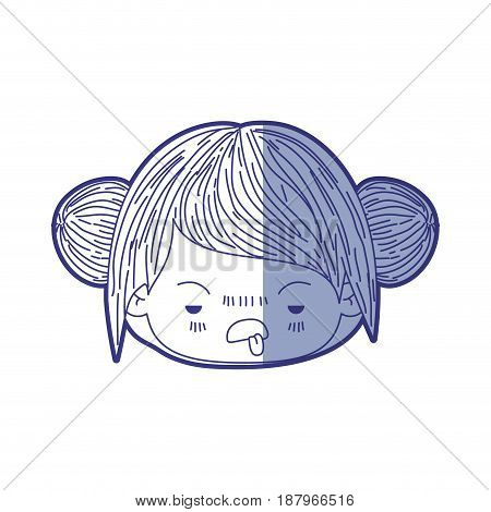 blue shading silhouette of kawaii head little girl with collected hair and facial expression unsavory vector illustration