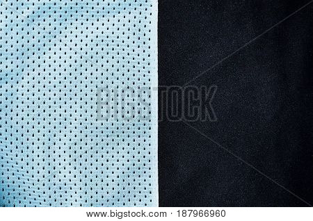 Sport Clothing Fabric Texture Background. Top View Of Light Blue Polyester Nylon Cloth Textile Surfa