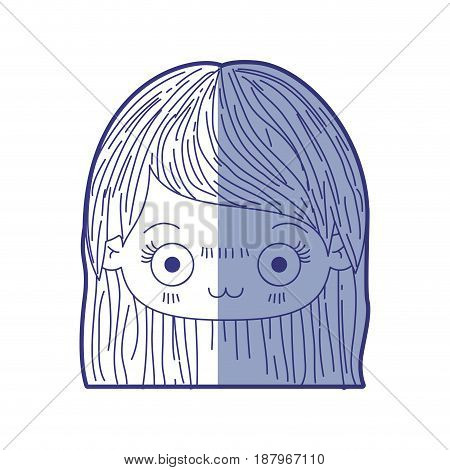 blue shading silhouette of kawaii head of cute little girl with straight hair and facial expression depressed vector illustration