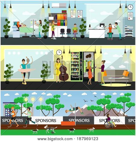 Vector set of disabled people posters, banners. Disability and medical treatment, limb prosthetics, mobility aids for people to do sports, to create art and to live full life. Flat style design.