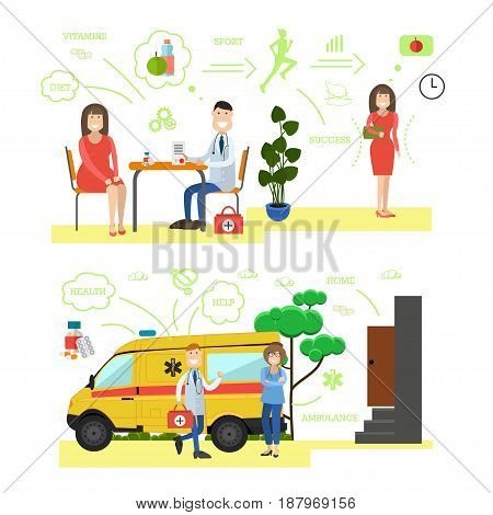 Vector set of medical staff providing health care to patients. Dietician providing dietary consultation, ambulance or paramedic services flat style design elements, icons isolated on white background