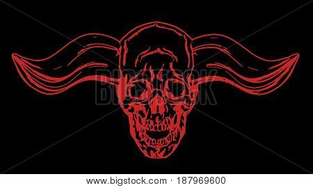 Apocalyptic skull with bullish horns. Vector illustration. Black background.