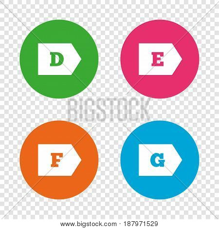 Energy efficiency class icons. Energy consumption sign symbols. Class D, E, F and G. Round buttons on transparent background. Vector