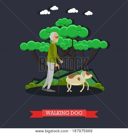 Vector illustration of elderly man with walking cane walking dog. Senior gentleman with his pet flat style design element.