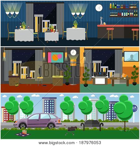 Bad habits interior vector illustration. Living room, restaurant, cafe, bar interior, city street or park. Flat style design.