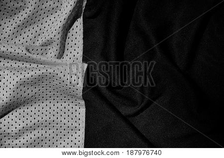 Sport Clothing Fabric Texture Background. Top View Of Grey Polyester Nylon Cloth Textile Surface. Da