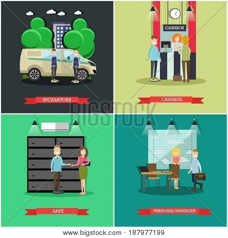 Vector set of bank concept square posters. Collectors, cashbox, Safe and Personal manager flat style design elements.