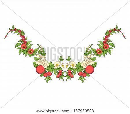 Embroidery for the collar line. Floral ornament in vintage style on a white background. Stock vector illustration.