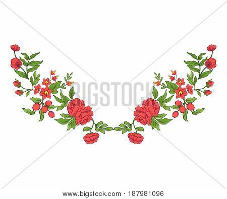 Embroidery for the collar line. Floral ornament in vintage style on a white background. Stock vector illustration.