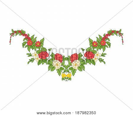 Embroidery for the collar line. Floral ornament in vintage style on a white background. Stock vector illustration.