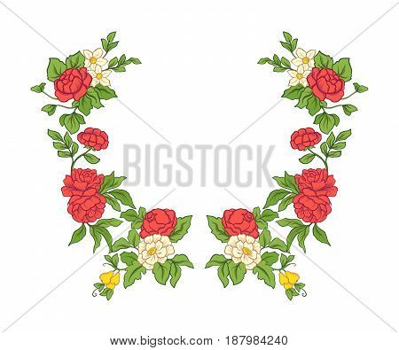 Embroidery for the collar line. Floral ornament in vintage style on a white background. Stock vector illustration.