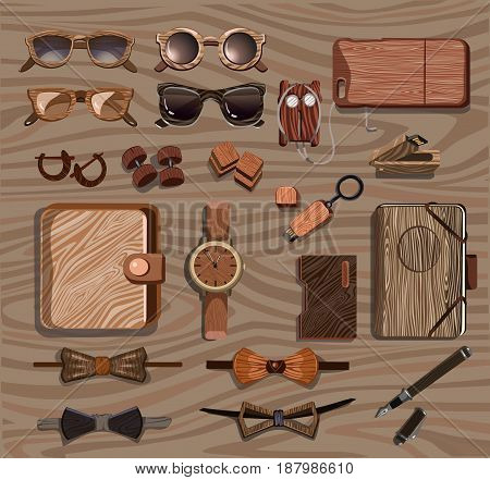 Hipster wooden accessories collection with glasses cases for devices cufflinks flash drive watch pen bow ties headphone isolated vector illustration
