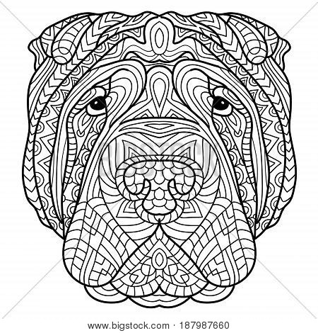 Coloring book for adults. Dog book. The head of a dog Sharpay with tribal pattern. Line art design. Hand drawn vector illustration