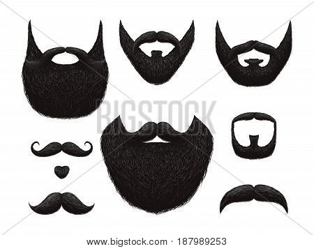Hand drawn beards and mustaches vector collection. Illustration of black beard and mustache