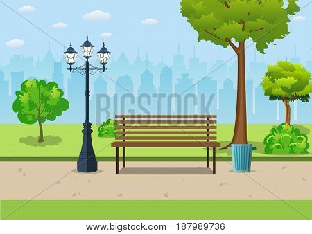 Bench with tree and lantern in the Park. Vector illustration in flat style