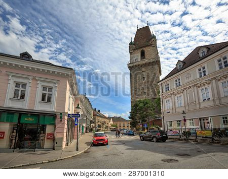 Perchtoldsdorf, Austria - July 16, 2017. Historical Centre With Fortified Tower, Built In 15th And 1