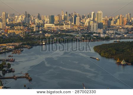 View Of The Chao Phraya River And The Main Business Areas And Green Areas Of Bang Krachao Subdistric