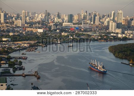 View Of The Chao Phraya River And The Main Business Areas And Green Areas Of Bang Krachao Subdistric