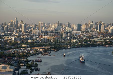 View Of The Chao Phraya River And The Main Business Areas And Green Areas Of Bang Krachao Subdistric