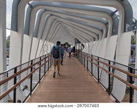 Jakarta, Indonesia - February 1, 2019: People Walking On The Hallway Of Gelora Bung Karno (gbk) Pede
