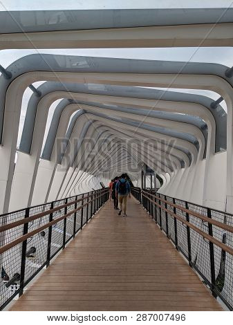 Jakarta, Indonesia - February 1, 2019: People Walking On The Hallway Of Gelora Bung Karno (gbk) Pede