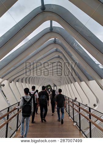Jakarta, Indonesia - February 1, 2019: People Walking On The Hallway Of Gelora Bung Karno (gbk) Pede