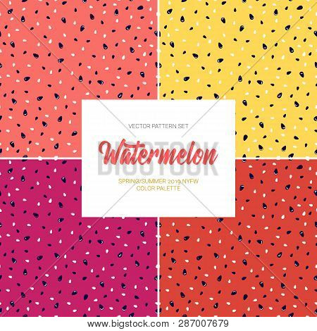 Vector Watermelon Background Set With Black Seeds. Illustation