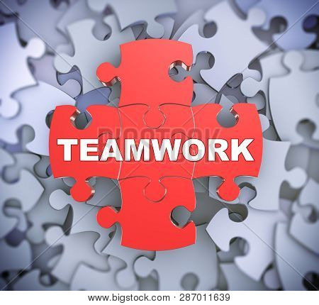 3d Illustration Of Attached Jigsaw Puzzle Pieces Word Teamwork Presentation On Background Of Heap Of