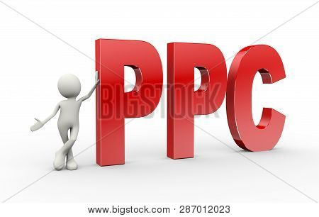 3d Illustration Of Man Standing With Ppc  Pay Per Click. 3d Human Person Character And White People