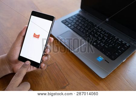 Chiang Mai, Thailand - April 21,2018: Man Holding Huawei With Tmall Apps On The Screen.tmall.com Is 