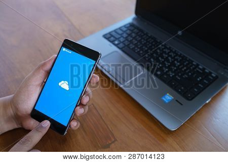 Chiang Mai, Thailand - April 21,2018: Man Holding Huawei With Onedrive On Screen. Microsoft Onedrive