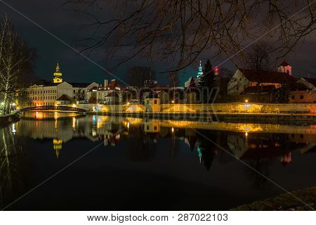 Nigh City Ceske Budejovice With Reflection In Malse River