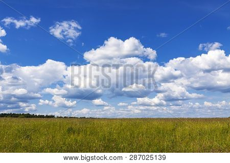 Panorama Of Summer Fields On A Background Of Blue Naba And White Clouds