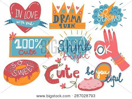 Collection Of Trendy Girlish Prints, Design Elements With Inspirational Quotes Can Be Used For Greet