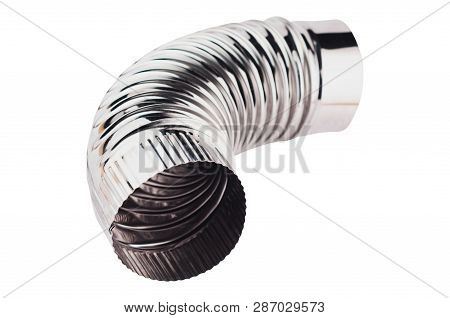 Single Corrugated Chrome Elbow Pipe For Ventilation In Home Or Office Or Other Building Isolated On 