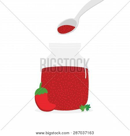 Cute Cartoon Vector Illustration Of Tunisian Hot Chili Pepper Sauce Or Paste Called Harissa In Glass