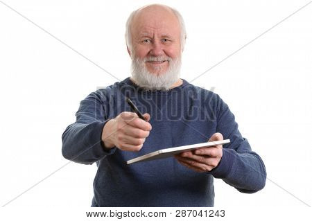 Funny bald and bearded old man using tablet computer, isolated on white